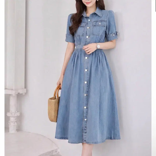 [BUNJANG] Morris Coming Home Capra Sleeve Denim Short Sleeve Flare Dress / 모리스커밍홈 카브라 소매 데님 반팔 플레어 원피스 의류재고 재고처리 의류처분 땡처리 옷장정리