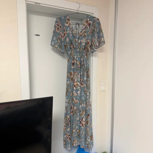 [BUNJANG] Floral Pattern V-Neck Long Dress / 플로럴 패턴 브이넥 롱 원피스 블루 의류재고 재고처리 의류처분 땡처리 옷장정리