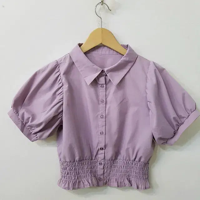 [BUNJANG] GRL Cropped Shirring Blouse Purple / GRL 크롭 셔링 블라우스 퍼플