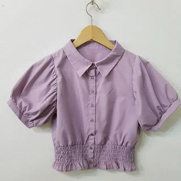 [BUNJANG] GRL Cropped Shirring Blouse Purple / GRL 크롭 셔링 블라우스 퍼플
