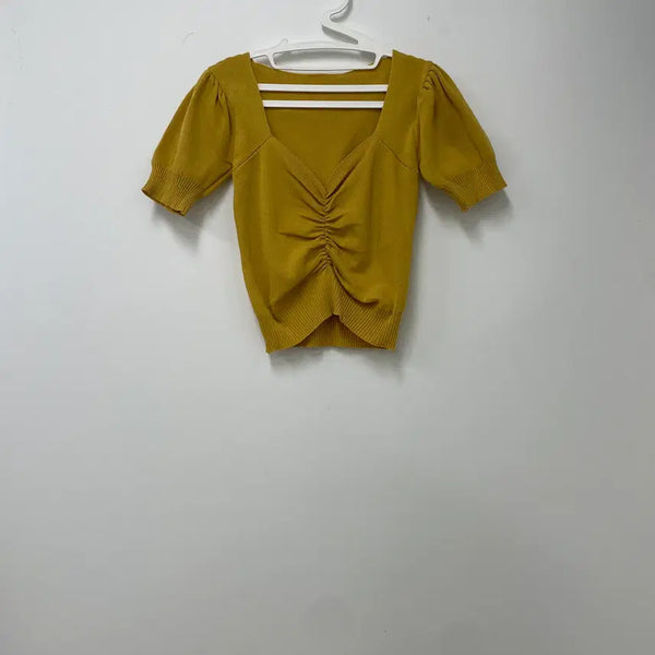 [BUNJANG] Frilled Puff Shirring Short Sleeve Knit / 프릴 퍼프 셔링 반팔 니트