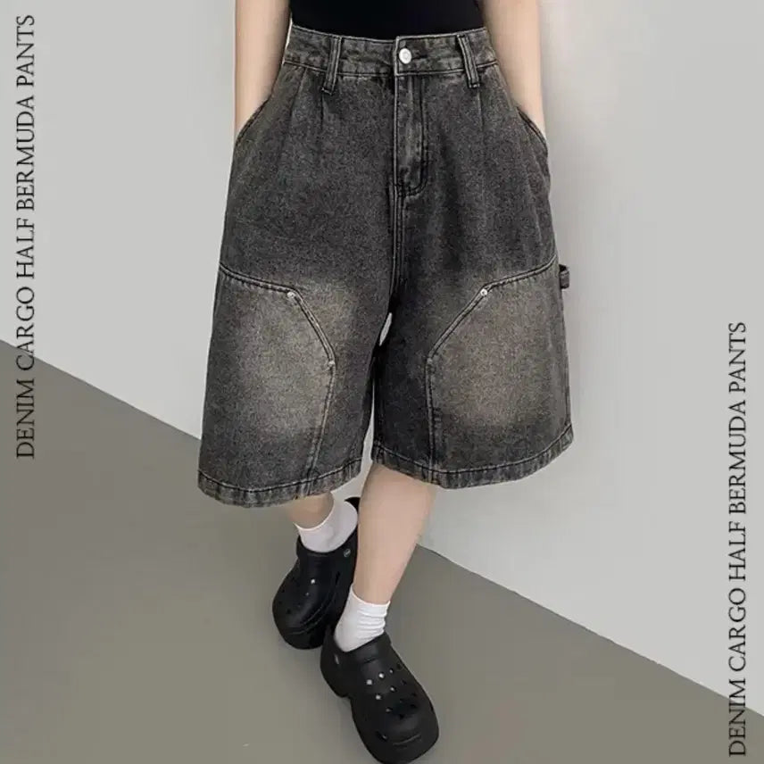 [BUNJANG] Vintage Washed Black Cargo Bermuda Shorts / 빈티지 워싱 흑청 카고 버뮤다 팬츠 바지