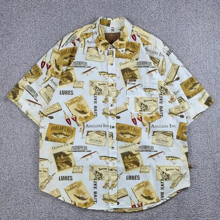 [BUNJANG] Outdoor Life Fishing Pattern Short Sleeve Shirt (L) / 아웃도어 라이프 패턴 반팔 셔츠 ( L ) / 13163