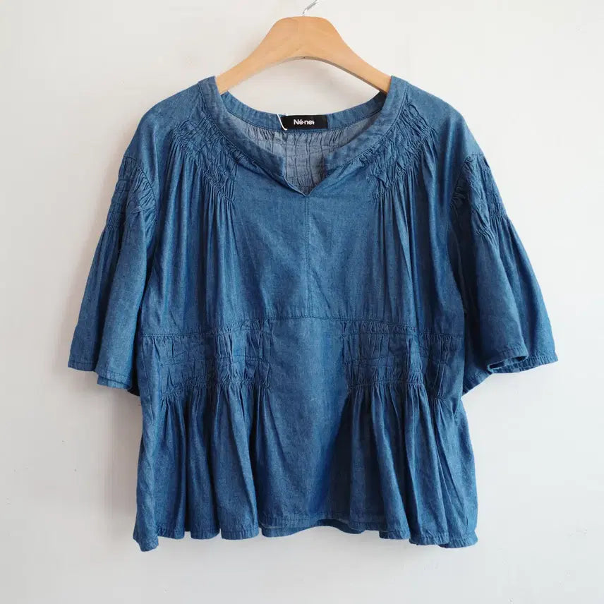 [BUNJANG] NE-NET Indigo Shirring Short Sleeve Blouse / NE-NET 네넷 인디고 셔링 반팔 블라우스