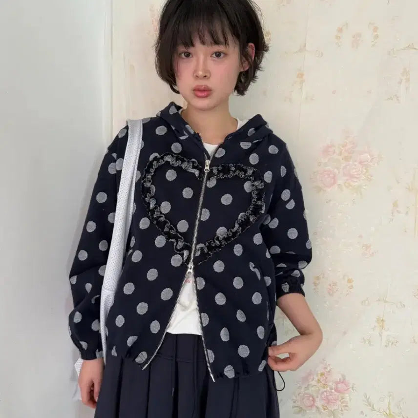 [BUNJANG] Funfromfun Frill Heart Hoodie Dot Navy / 펀프롬펀 후드집업 FRILL HEART HOODIE, DOT NAVY