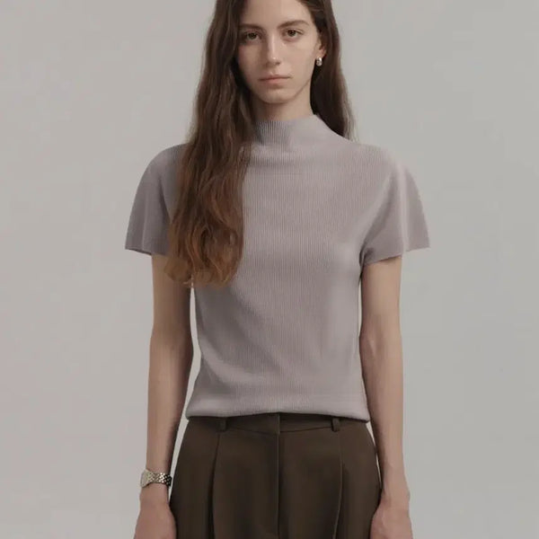 [BUNJANG] Gray Room Pleated Mock Neck T-shirt (Sky Gray) / 그레이룸 플리츠 반목 티셔츠 소라그레이
