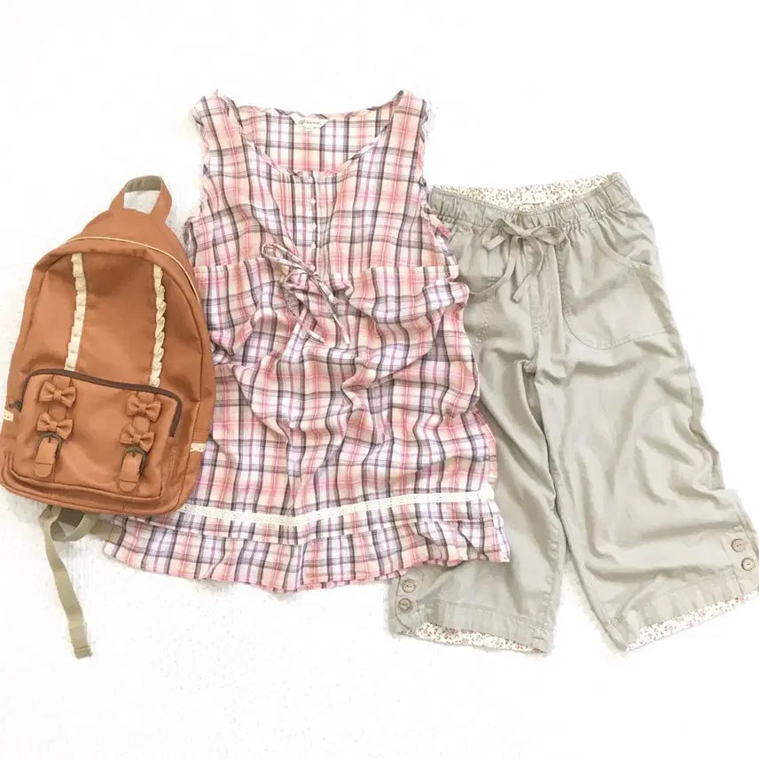[BUNJANG] Mori Mori Pink & Purple Check Sleeveless Top with Crochet Lace / JPN/ 바선생 모리룩바선생슬리브리스 모리걸바선생 딸기우유바선생