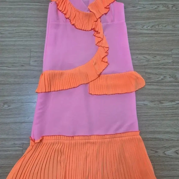 [BUNJANG] Hot Pink & Orange Mix Pleated Dress / 핫핑크 오렌지 플리츠원피스
