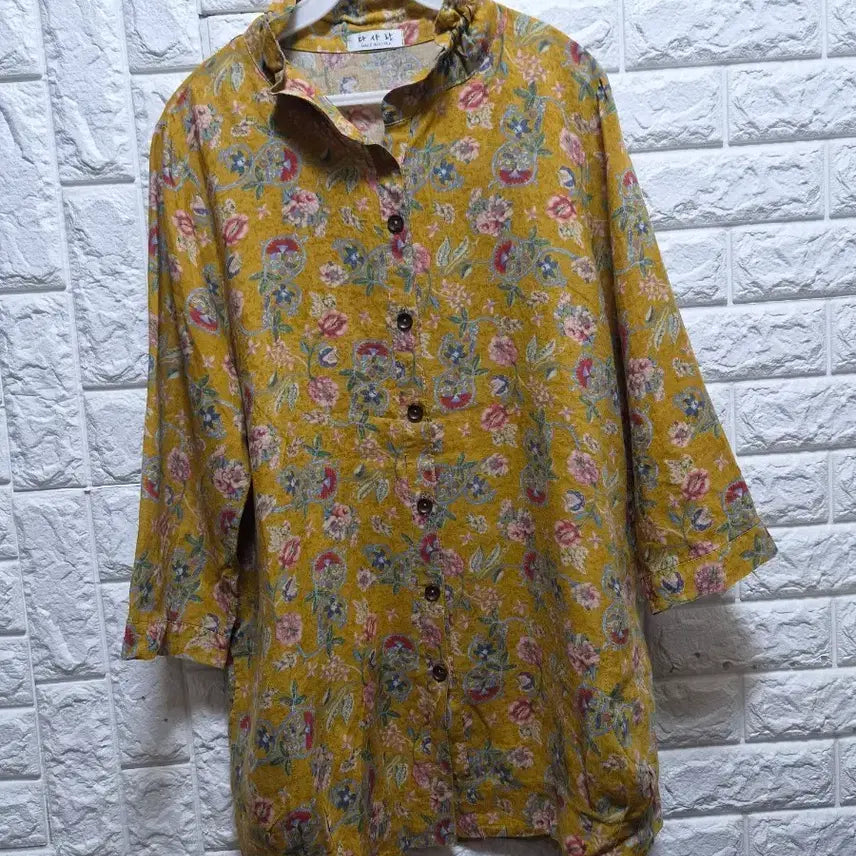 [BUNJANG] Mustard Floral Print Frill Cotton-Linen Blend Long Blouse / 겨자색 플라워 패턴 프릴 면.마 롱블라우스