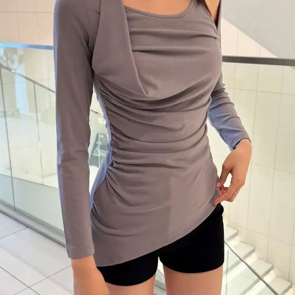 [BUNJANG] Sexy Unique Asymmetrical Shirring Long T-Shirt Grey / [빠른발송] 섹시유니크 어깨트임 스트랩 언발 셔링 롱 티셔츠 그레이
