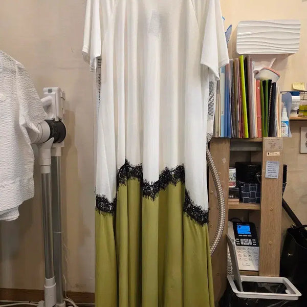 [BUNJANG] White Lace Trimmed Long Dress / 화이트 원피스 롱 블랙 레이스 배색