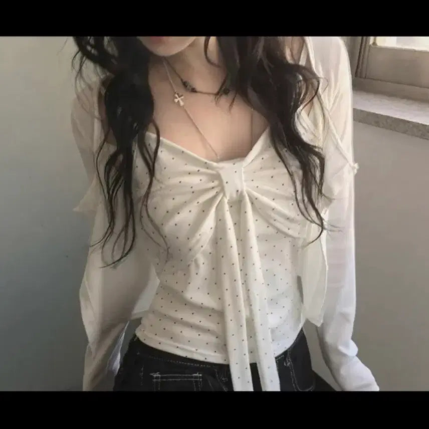 [BUNJANG] Dot Ribbon Sleeveless Cardigan Set / 도트 리본 나시 가디건 세트