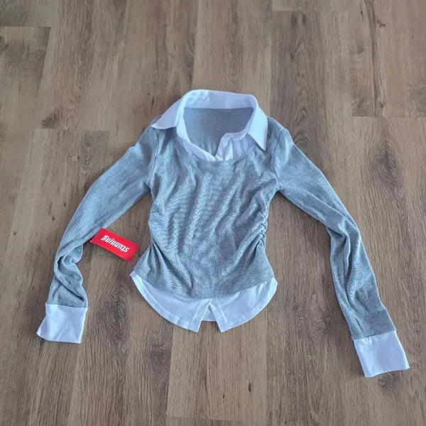 [BUNJANG] Layered Shirt Blouse Grey White / 레이어드 셔츠 블라우스 그레이 화이트