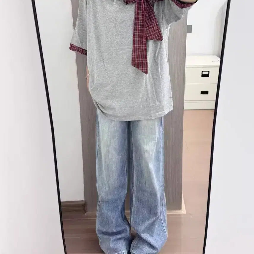 [BUNJANG] Check Ribbon Short Sleeve T-Shirt / 체크 리본 반팔 티셔츠