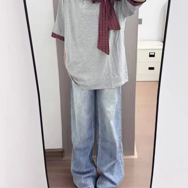 [BUNJANG] Check Ribbon Short Sleeve T-Shirt / 체크 리본 반팔 티셔츠