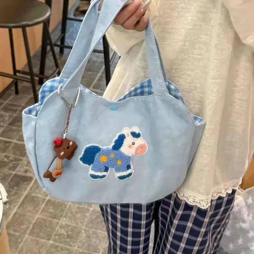 [BUNJANG] Blue Horse Embroidered Tote Bag / 파란색 말자수 토트백