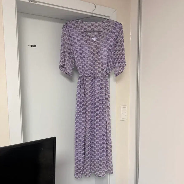 [BUNJANG] Flower Pattern Waist Tie Long Dress Purple / 플라워 패턴 허리끈 롱 원피스 퍼플 의류재고 재고처리 의류처분 땡처리 옷장정리