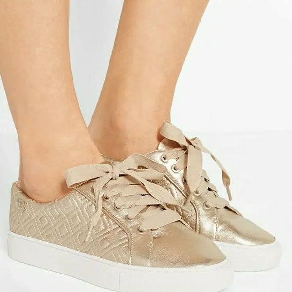 [BUNJANG] Tory Burch Quilted Gold Sneakers with Ribbon Laces / 토리버치 골드 스니커즈
