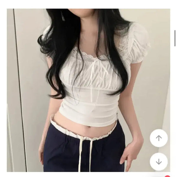 [BUNJANG] Shirring Lace Puff Sleeve Cropped T-Shirt / 에이블리 여름 셔링 레이스 레이어드 빈티지 퍼프 크롭 반팔 티셔츠