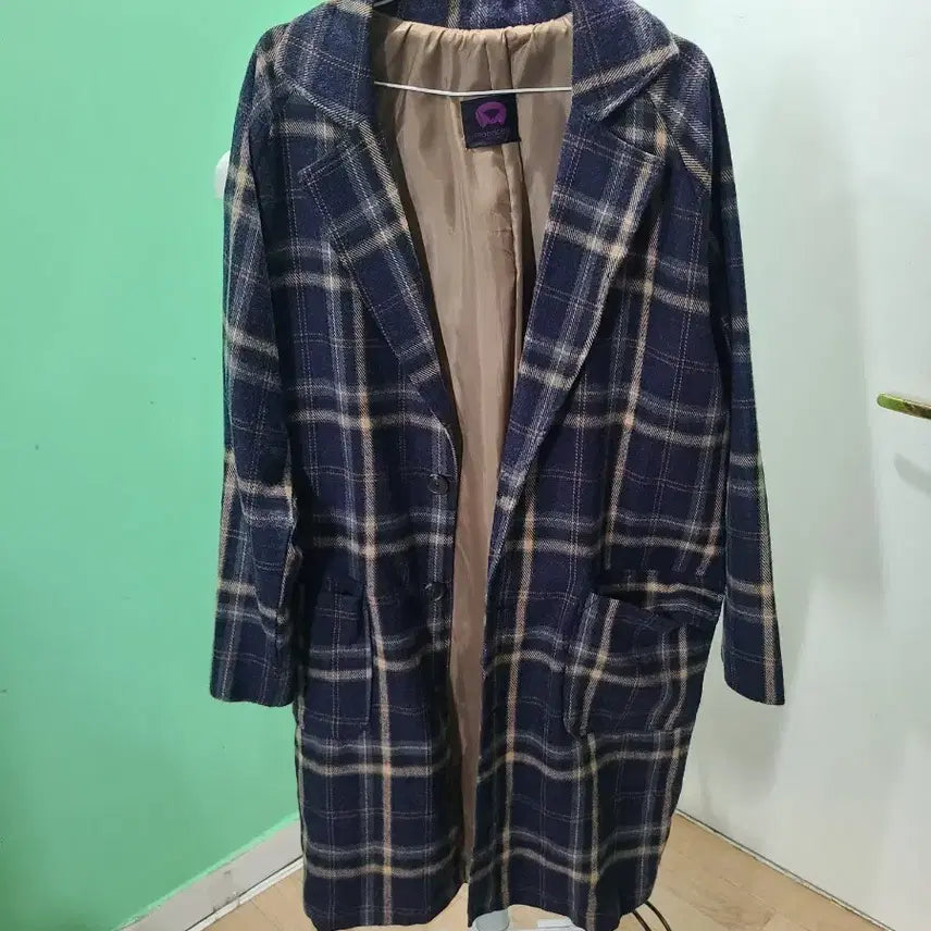 [BUNJANG] Check Pattern Long Coat Navy / 체크 패턴 롱 코트 네이비