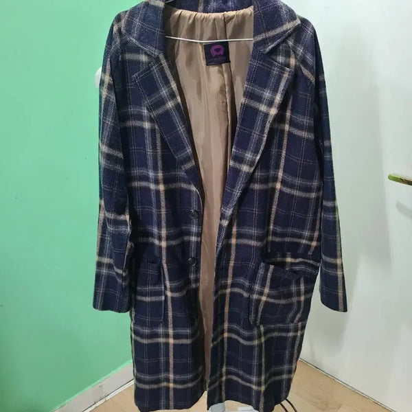 [BUNJANG] Check Pattern Long Coat Navy / 체크 패턴 롱 코트 네이비