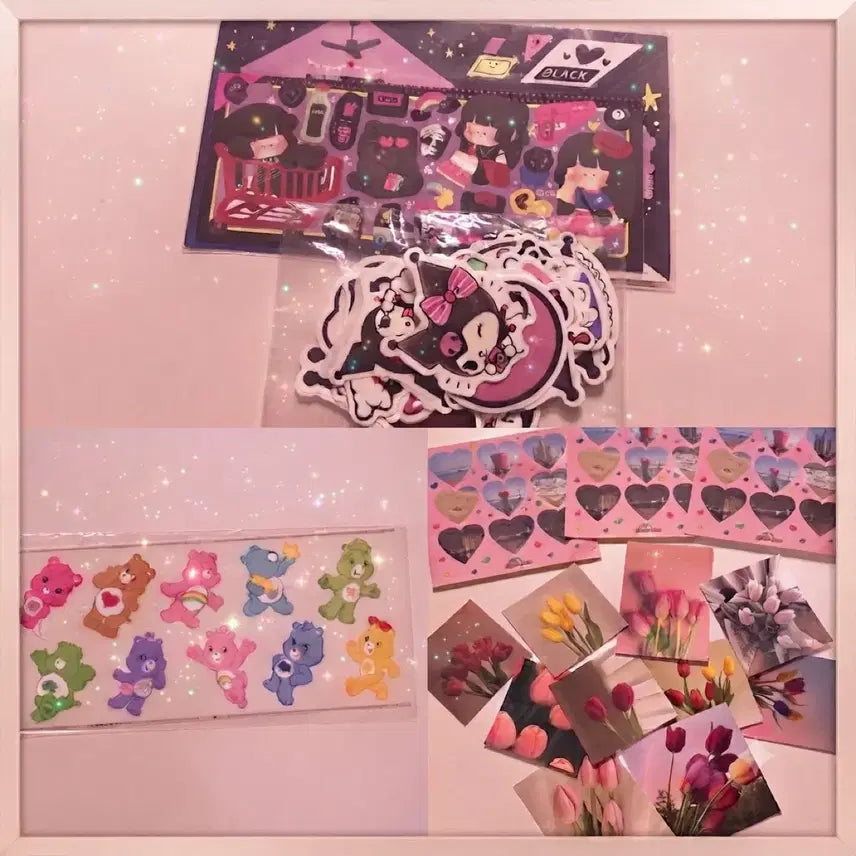 [BUNJANG] Kuromi Sticker Bundle Set with Care Bears, Monchhichi Keychain / [전체일괄]쿠로미조각스티커 케어베어 y2k 키치 레트로 비공굿 고전 감성 +몬치치키링 덤