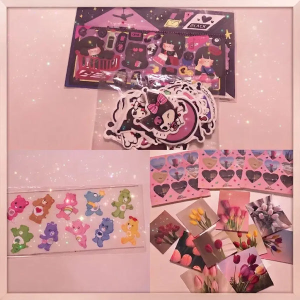 [BUNJANG] Kuromi Sticker Bundle Set with Care Bears, Monchhichi Keychain / [전체일괄]쿠로미조각스티커 케어베어 y2k 키치 레트로 비공굿 고전 감성 +몬치치키링 덤