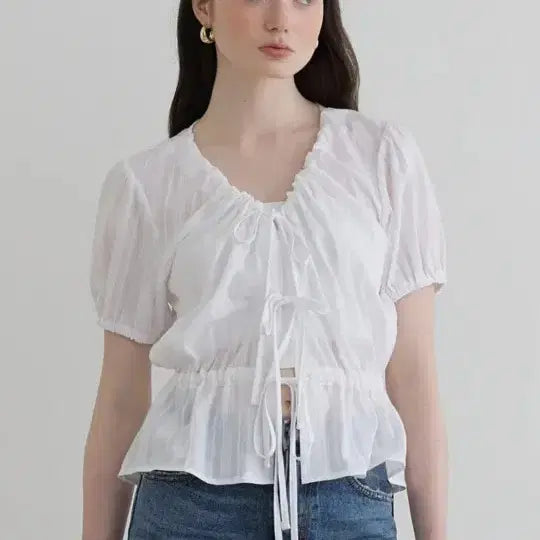 [BUNJANG] Ribbon Shirring Blouse / 쎄미 리본 셔링 블라우스