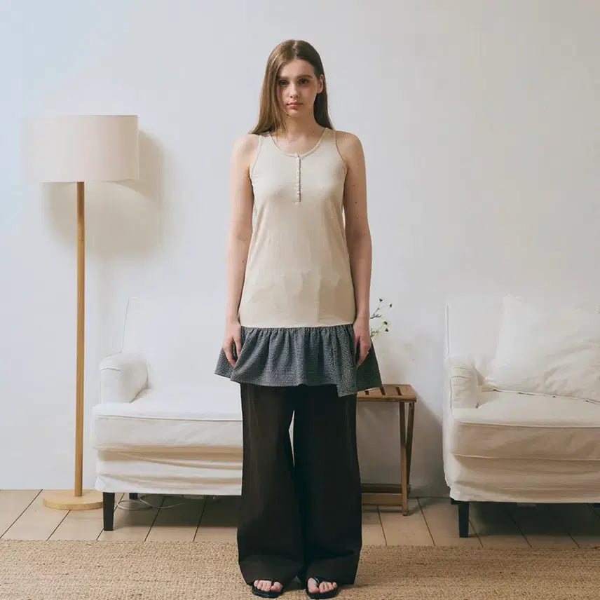 [BUNJANG] Taerys Check Layered Sleeveless Top Beige / (새상품) 무신사 태리스 체크 레이어드 슬리브리스 탑 베이지