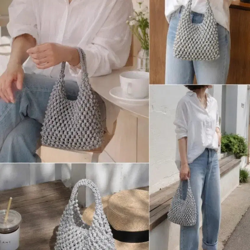 [BUNJANG] Handmade Silver Mesh Tote Bag - Summer Metal Bag / 뜨개가방(여름 메탈가방)