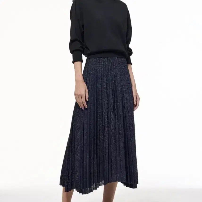 [BUNJANG] TIME (Hansem) Glitter Pleats Flare Skirt Navy / 한섬 타임 TIME 글리터 플리츠 스커트 네이비 플레어 밴딩 롱스커트