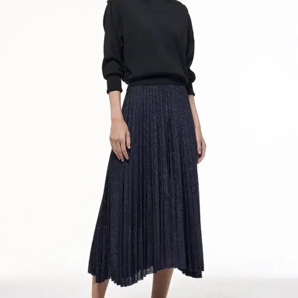 [BUNJANG] TIME (Hansem) Glitter Pleats Flare Skirt Navy / 한섬 타임 TIME 글리터 플리츠 스커트 네이비 플레어 밴딩 롱스커트