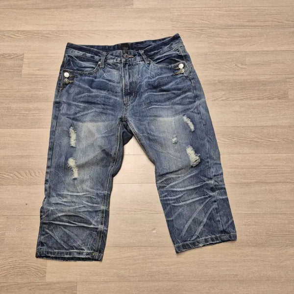[BUNJANG] VEGA 3-Quarter Length Blue Wash Distressed Short Pants / VEGA. 3부 반바지 블루워싱 디스트로이드 숏팬츠