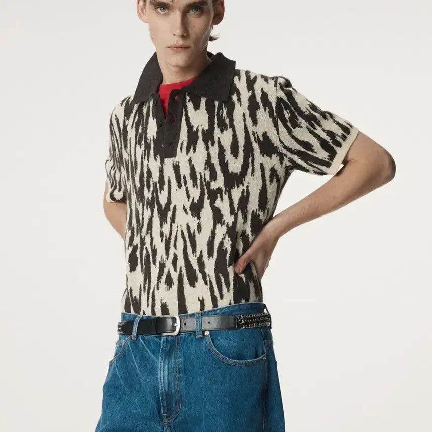 [BUNJANG] RECTO 25FW Leopard Jacquard Polo Knit Top / (새상품) 렉토 25FW 레오파드 자카드 폴로 니트 탑 S 사이즈