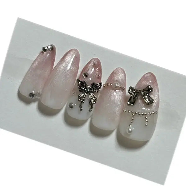 [BUNJANG] Handmade Nail Tips - Pink Magnetic Gradation & White Syrup Gel Design / 수제 네일팁 판매