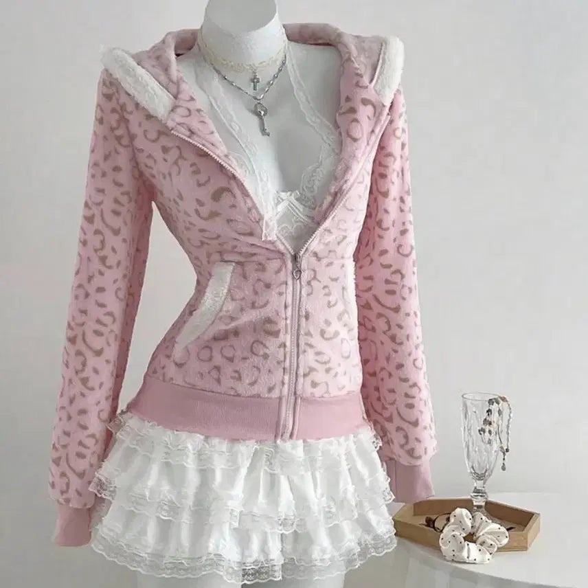 [BUNJANG] Gyaru Leopard Pink Mink Fur Hoodie Zip-Up (L) / 갸루 레오파드 호피 딸기우유 핑크 밍크털 후드집업
