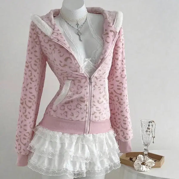 [BUNJANG] Gyaru Leopard Pink Mink Fur Hoodie Zip-Up (L) / 갸루 레오파드 호피 딸기우유 핑크 밍크털 후드집업