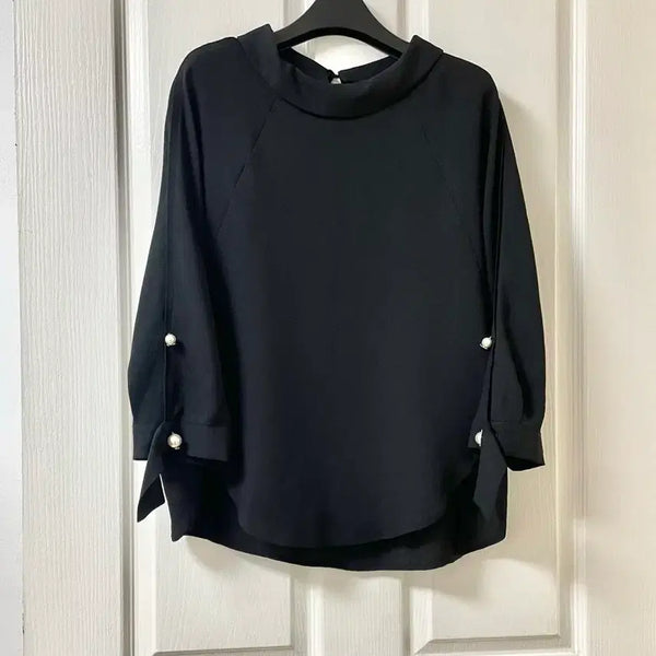 [BUNJANG] CC Collect Pearl Raglan Batwing Sleeve Blouse / CC collect. 7부소매 진주 나그랑 가오리 반목 하아넥 카라 트임 블랙 셔츠 블라우스 55~ 통통66