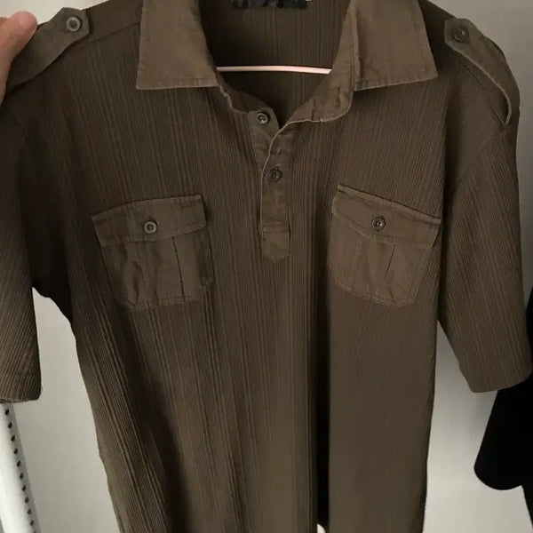 [BUNJANG] Vintage Japanese Napoleon Collar Short-Sleeve T-Shirt Khaki / 일본 빈티지 카키 나폴레옹 카라 반팔 티셔츠