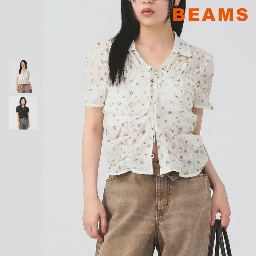 [BUNJANG] Ray BEAMS Flower Print Shirring Short Blouse / 빔즈 레이 플라워 프린트 셔링 숏 블라우스