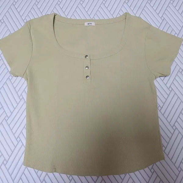 [BUNJANG] Ribbed Short-Sleeve Button T-Shirt - Olive / 골지 반팔 단추 티셔츠 올리브색상
