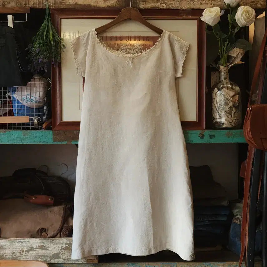[BUNJANG] 1830s Vintage French Linen Chemise Dress Country Lace / 80s 빈티지 쉬미즈 린넨 슬립 원피스 컨트리 레이스 프랑스 빈티지 프렌치 스타일