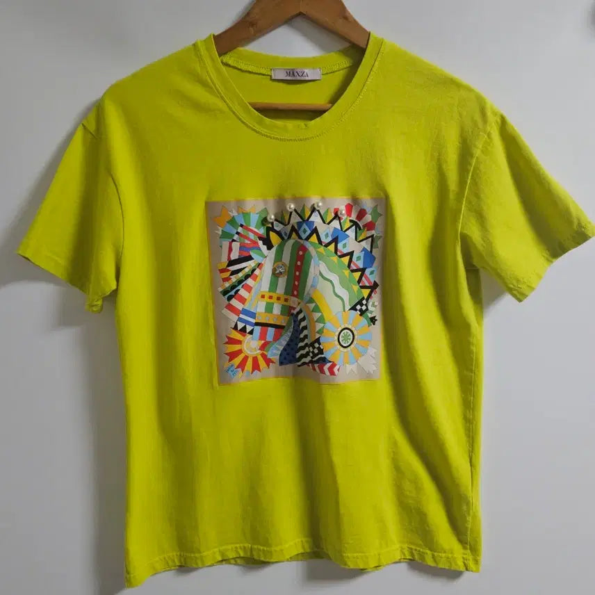 [BUNJANG] MAXZA Pearl Accent Lime Short Sleeve T-Shirt FREE Size / [FREE] 막자(MAXZA) 화려한 아트워크 진주 포인트 라임 반팔 티셔츠