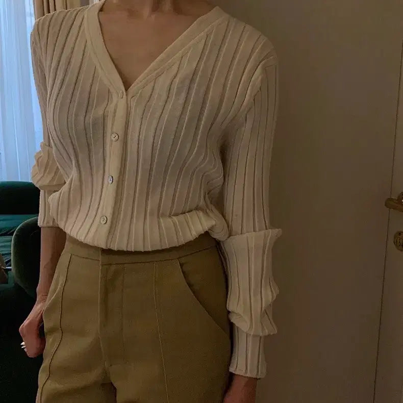 [BUNJANG] URBANIC30 V-Neck Rib Cardigan Ivory / 얼바닉30 브이넥 립 가디건 아이보리