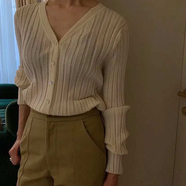 [BUNJANG] URBANIC30 V-Neck Rib Cardigan Ivory / 얼바닉30 브이넥 립 가디건 아이보리