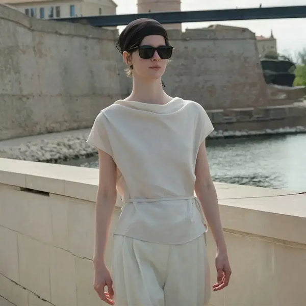 [BUNJANG] LoEuvre Cowl-neck String Blouse - Light Beige / 루에브르 카울넥 블라우스 Cowl-neck String Blouse