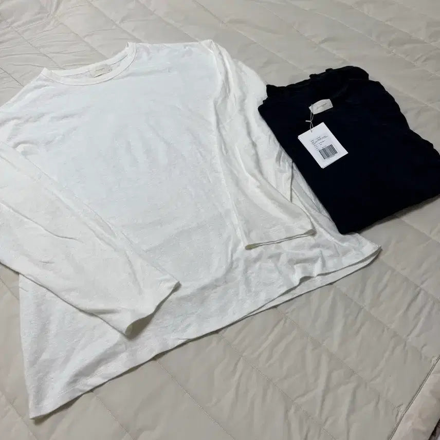 [BUNJANG] STRANGER Relaxed Fit Linen Cotton Long Sleeve T-Shirt White, Navy / [L] 스트레인저 릴렉스드 핏 린넨 코튼 롱슬리브 티셔츠 화이트, 네이비