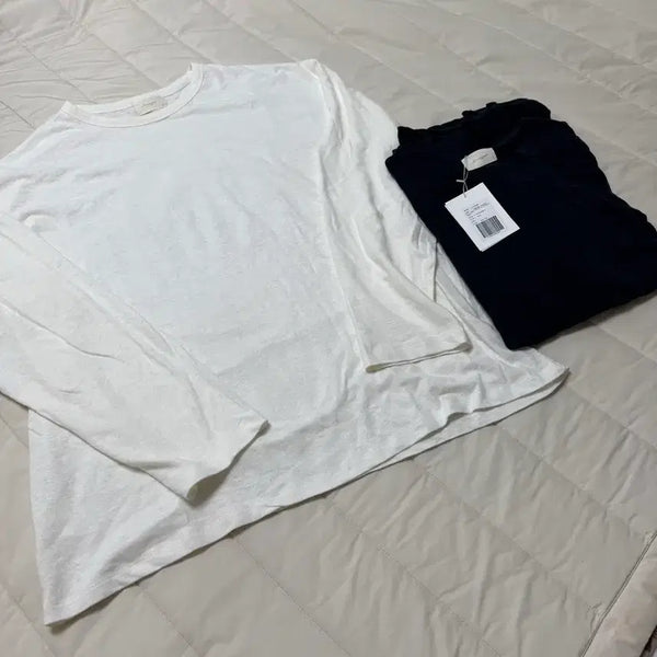 [BUNJANG] STRANGER Relaxed Fit Linen Cotton Long Sleeve T-Shirt White, Navy / [L] 스트레인저 릴렉스드 핏 린넨 코튼 롱슬리브 티셔츠 화이트, 네이비
