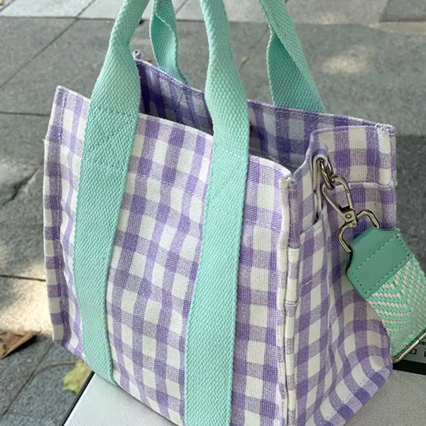 [BUNJANG] Check Canvas Tote Bag Crossbody Bag (Purple/Mint) / 마지막 체크 캔버스 토트백 크로스백(퍼플/민트