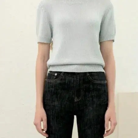 [BUNJANG] Women's Short Sleeve Knit Top - Light Blue / 여성 반팔 니트 소라색s